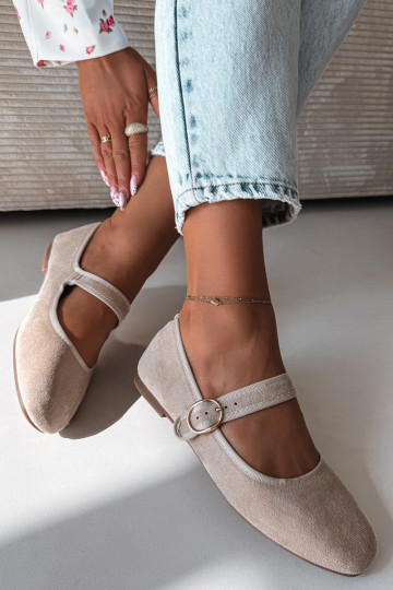 Women's Ballerinas with Strap and Gold Buckle Light Beige Kelisa
