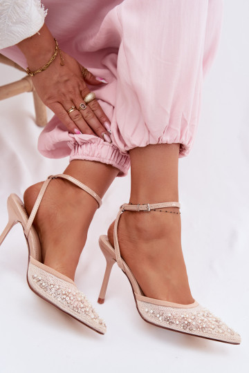 Sandały Damskie Na Szpilce Zdobione Cekinami I Koralikami Beżowe Nedira