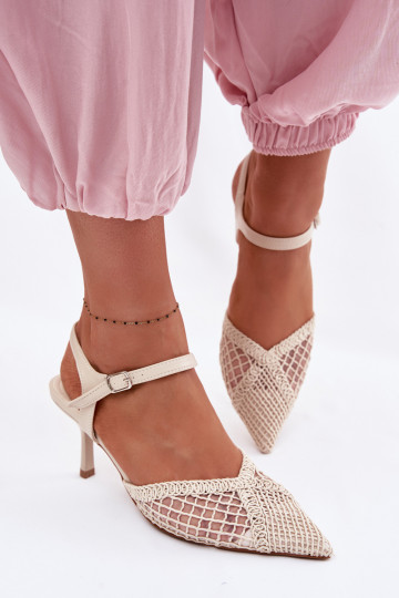 Idira Light Beige Mesh Sandals With Heel Woven