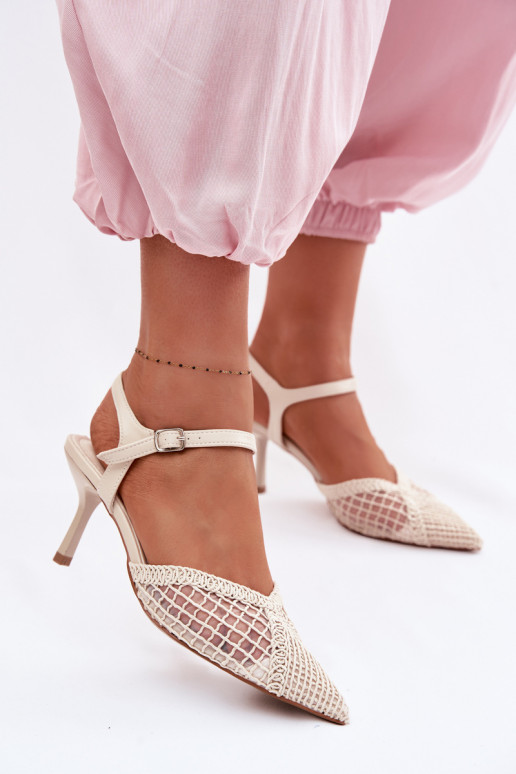 Idira Light Beige Mesh Sandals With Heel Woven