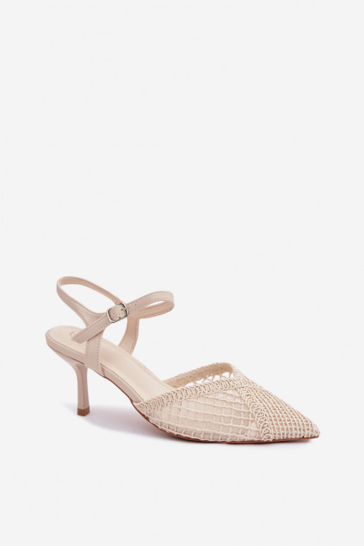 Idira Light Beige Mesh Sandals With Heel Woven