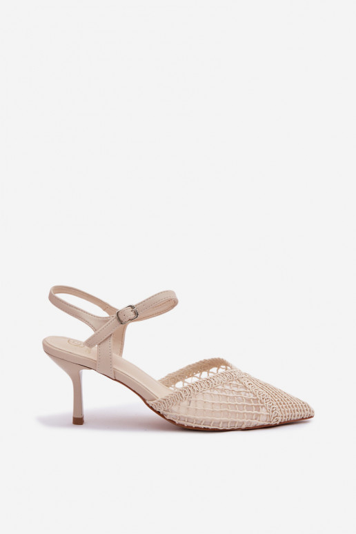 Idira Light Beige Mesh Sandals With Heel Woven