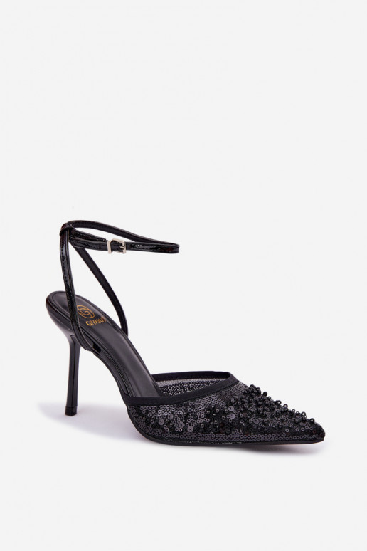 Women's High Heel Sandals Decorated With Sequins And Beads Black Nedira