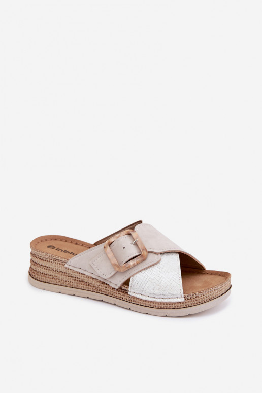 Klapki Damskie Na KoturniewithOzdobną Klamrą Inblu RV000012 Jasnobeżowe