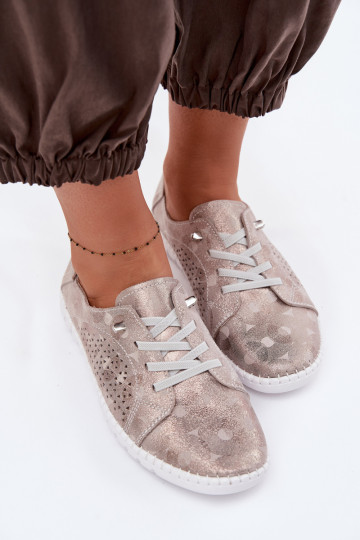 Women's Perforated Shoes Made of Natural Suede Beige-Gold Feliva