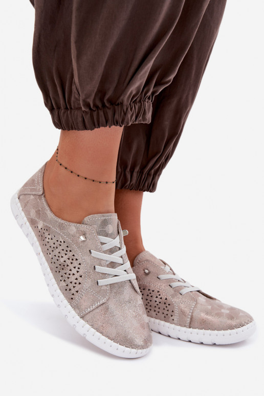 Women's Perforated Shoes Made of Natural Suede Beige-Gold Feliva