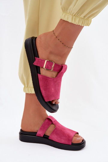 Suede Women's Platform Sandals With Gold Buckle Fuchsia Zemela