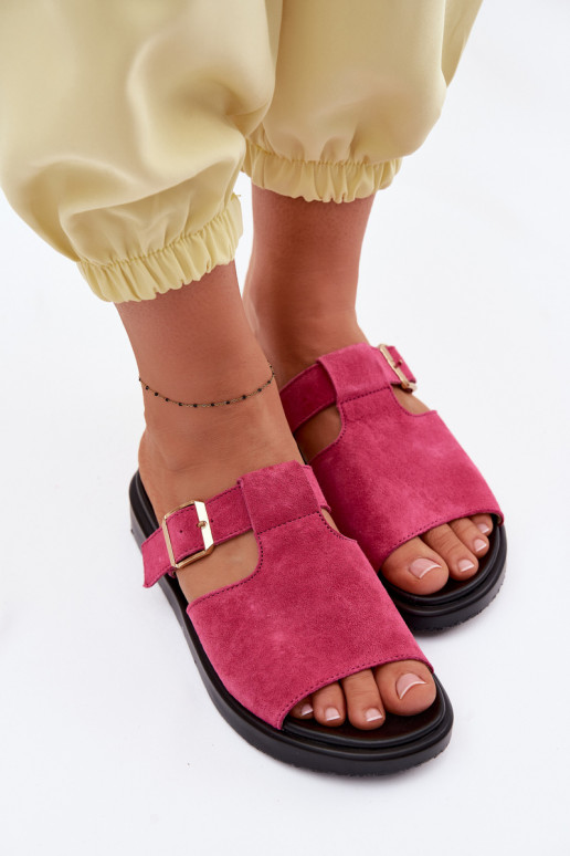 Suede Women's Platform Sandals With Gold Buckle Fuchsia Zemela