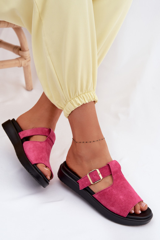 Suede Women's Platform Sandals With Gold Buckle Fuchsia Zemela