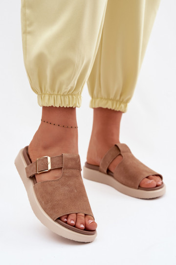 Suede Women's Platform Sandals With Gold Buckle Camel Zemela