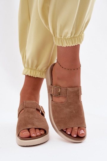 Suede Women's Platform Sandals With Gold Buckle Camel Zemela 2
