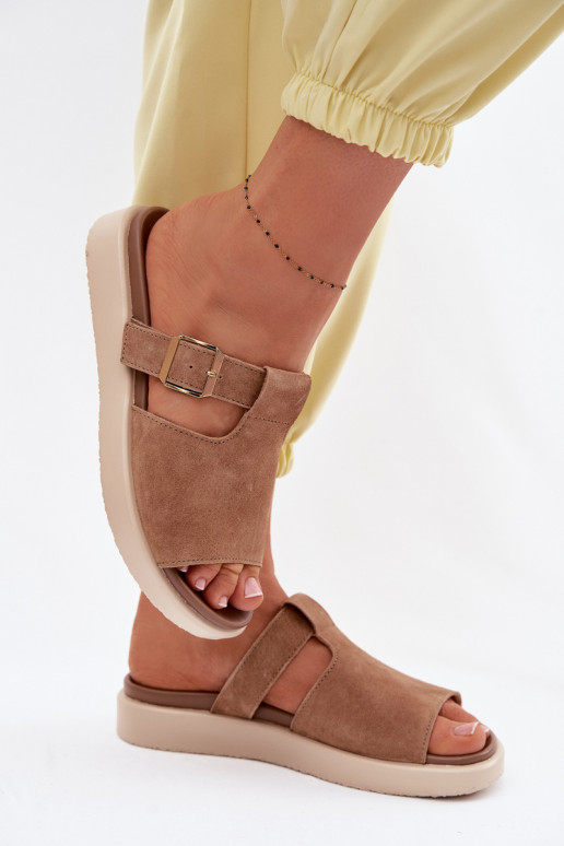 Suede Women's Platform Sandals With Gold Buckle Camel Zemela