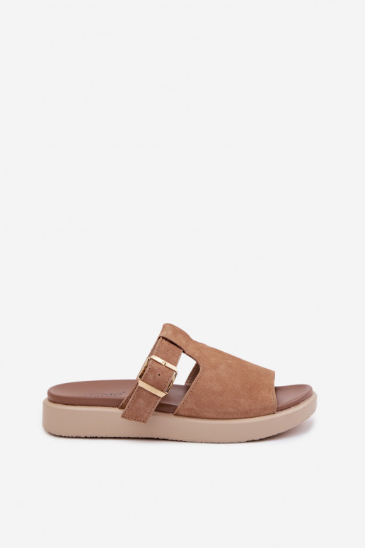 Suede Women's Platform Sandals With Gold Buckle Camel Zemela