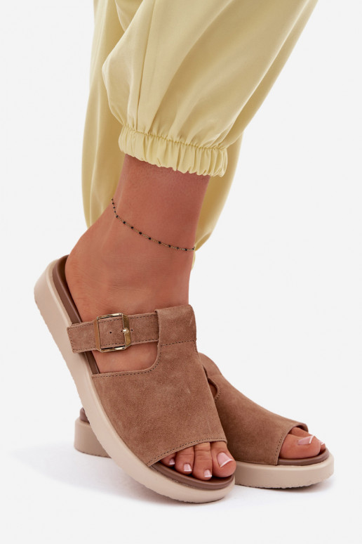 Suede Women's Platform Sandals With Gold Buckle Camel Zemela