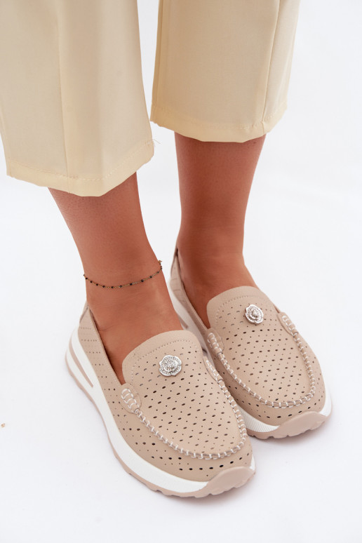 Women's Openwork Loafers Made of Natural Leather Beige Kemela