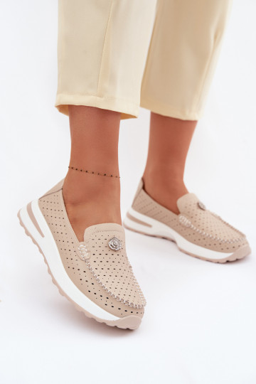 Women's Openwork Loafers Made of Natural Leather Beige Kemela 2