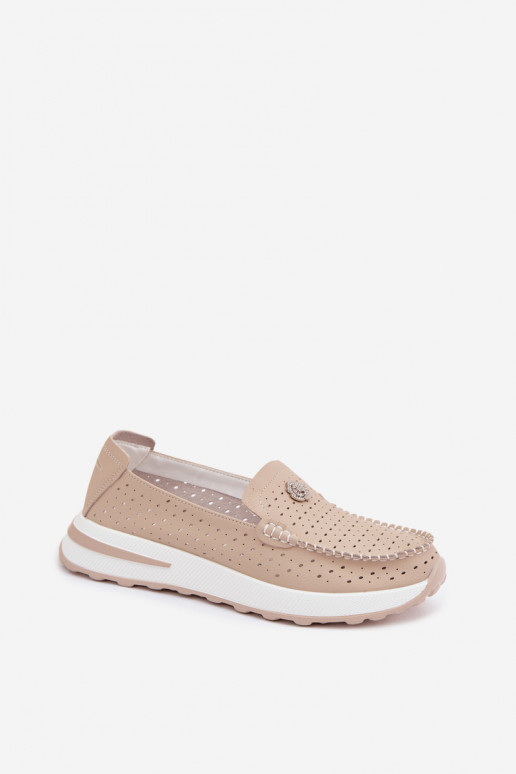 Women's Openwork Loafers Made of Natural Leather Beige Kemela