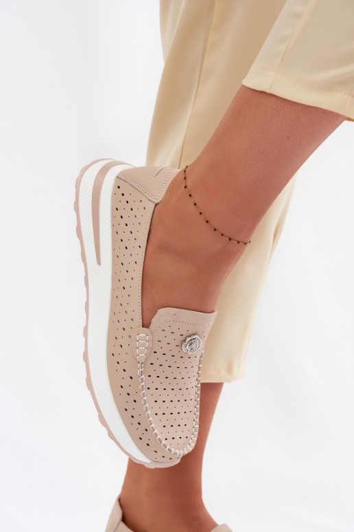 Women's Openwork Loafers Made of Natural Leather Beige Kemela