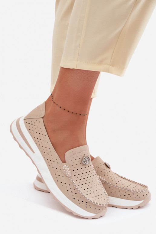 Women's Openwork Loafers Made of Natural Leather Beige Kemela