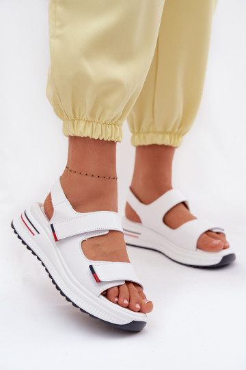 Leather Women's Platform Sandals With Velcro White Jemela