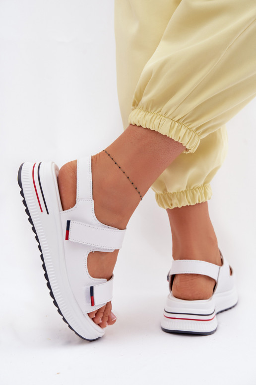 Leather Women's Platform Sandals With Velcro White Jemela