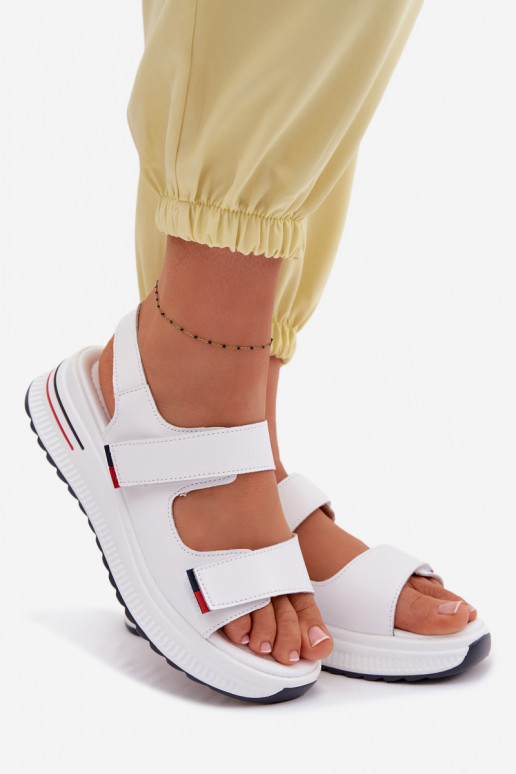 Leather Women's Platform Sandals With Velcro White Jemela