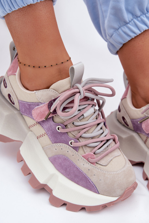 Skórzane Zamszowe Sneakersy Damskie GOE TT2N4026 Fioletowe