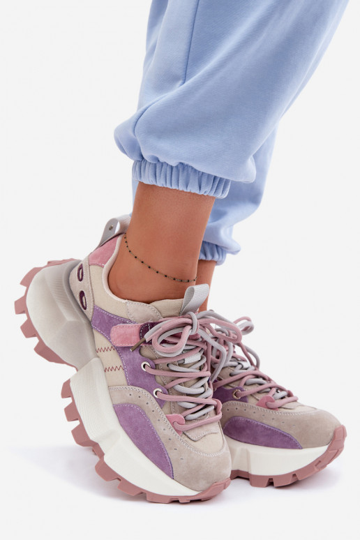 Skórzane Zamszowe Sneakersy Damskie GOE TT2N4026 Fioletowe