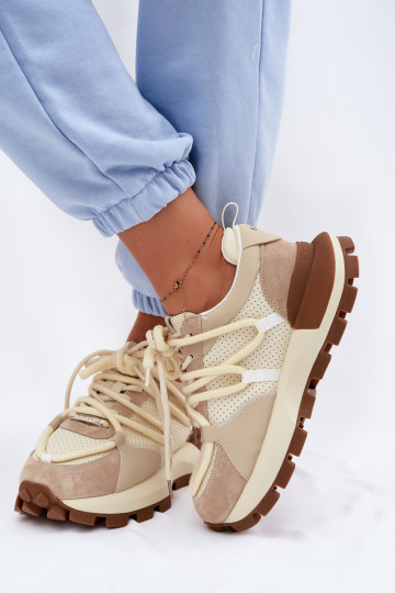 Skórzane Zamszowe Sneakersy Damskie GOE TT2N4021 Beżowe 2