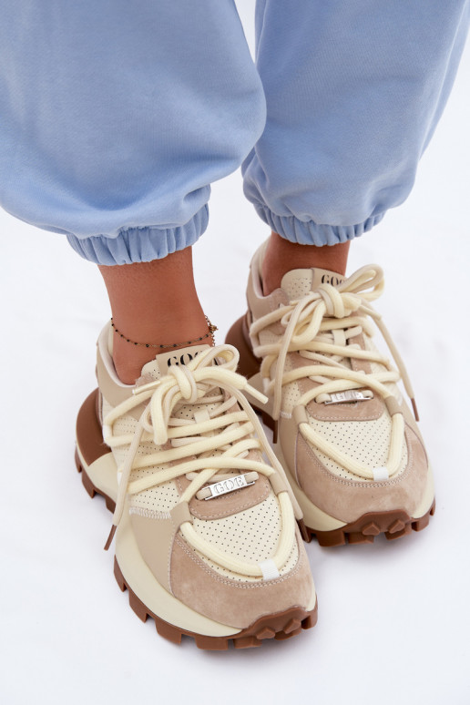 Skórzane Zamszowe Sneakersy Damskie GOE TT2N4021 Beżowe