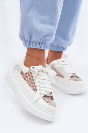 Skórzane Sneakersy Damskie Ze Zdobieniem GOE TT2N4010 Białe 2