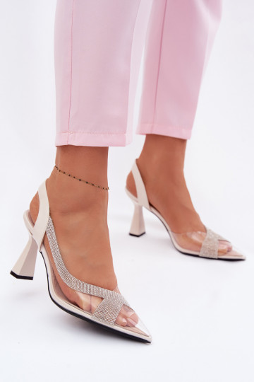 Transparent Sandals with Rhinestones on Heel Vinceza 62282 Light Beige 2