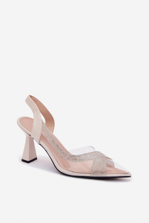 Transparent Sandals with Rhinestones on Heel Vinceza 62282 Light Beige