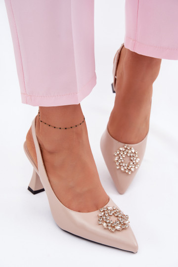 Vinceza Beige High Heel Sandals With Jewelry Decoration