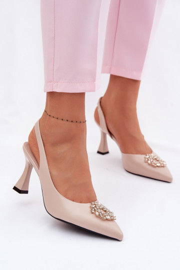 Vinceza Beige High Heel Sandals With Jewelry Decoration 2