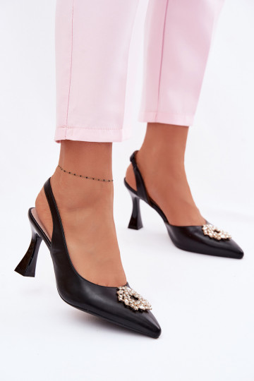 Vinceza 62277 Black Heeled Sandals With Jewelry Decoration 2