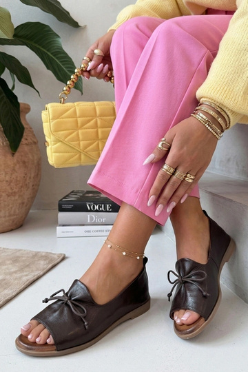 Brązowe Baleriny Skórzane Z...