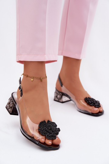 Transparent Sandals with Block Heel with Crystals and Flower Vinceza 70122 Black 2