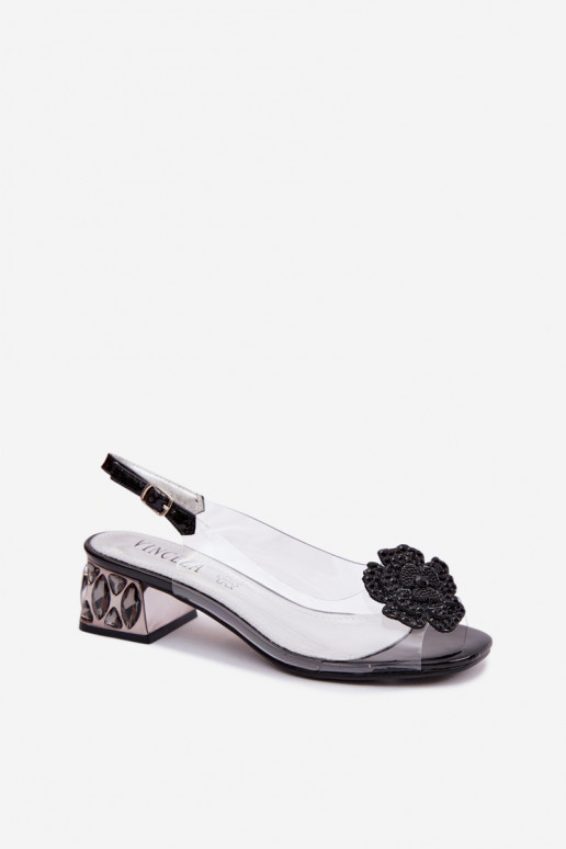 Transparent Sandals with Block Heel with Crystals and Flower Vinceza 70122 Black