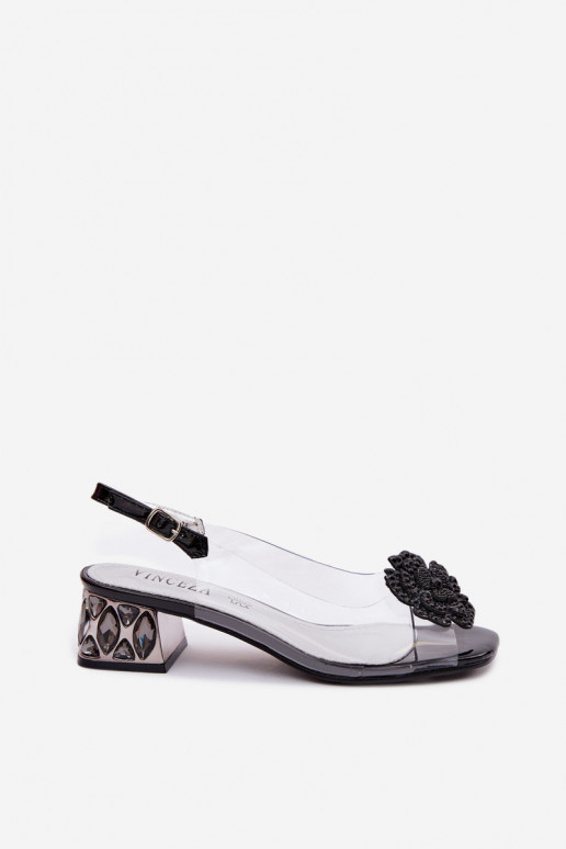 Transparent Sandals with Block Heel with Crystals and Flower Vinceza 70122 Black
