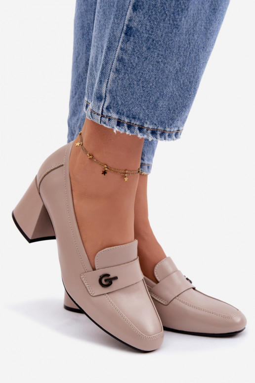 Leather Women's Heeled Shoes Vinceza 18119 Beige