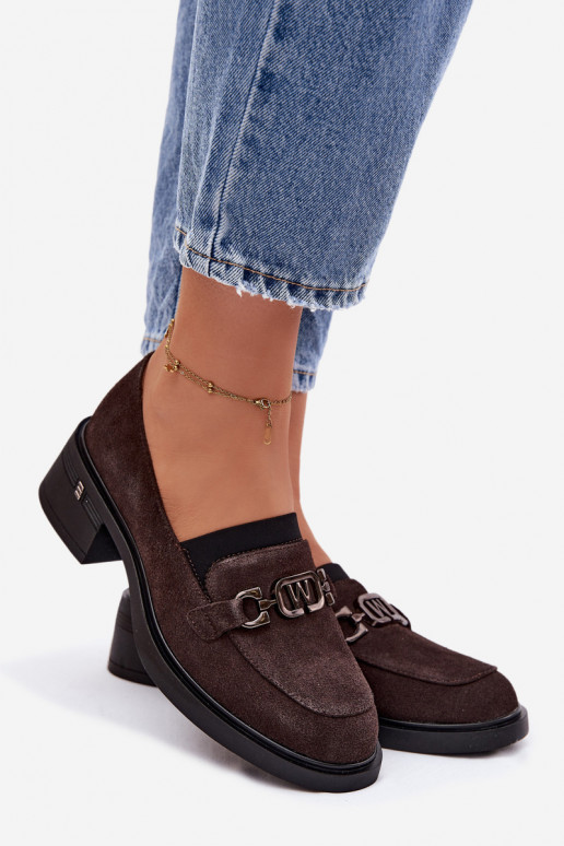 Półbuty Mokasyny DamskiewithNaturalnego Zamszu Na Niskim Obcasie Vinceza 18127 Czekoladowe