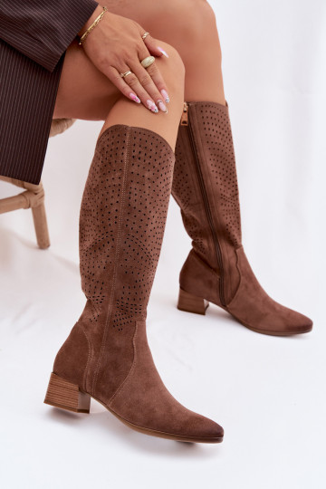 Women's Perforated Ankle Boots Low Heel Vinceza 58637 Light Brown