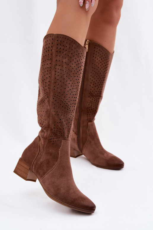 Women's Perforated Ankle Boots Low Heel Vinceza 58637 Light Brown