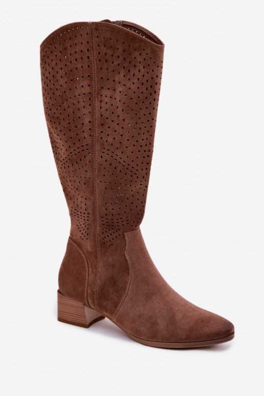Women's Perforated Ankle Boots Low Heel Vinceza 58637 Light Brown