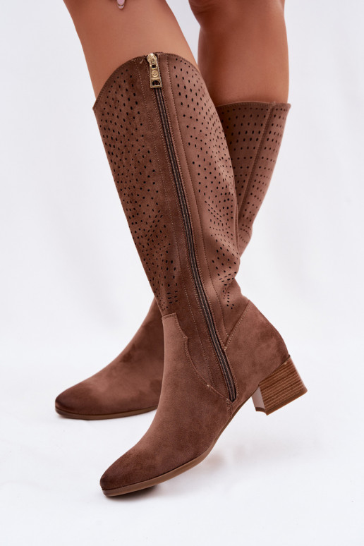 Women's Perforated Ankle Boots Low Heel Vinceza 58637 Light Brown
