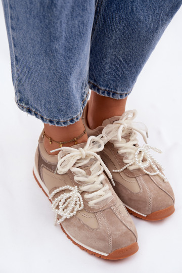 Skórzane Zamszowe Sneakersy Damskie Big Star TT274677 Beżowe