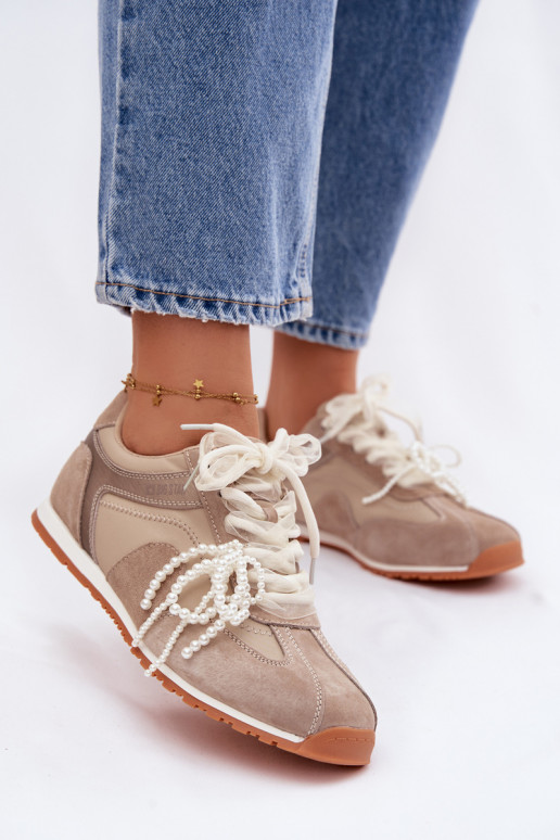Skórzane Zamszowe Sneakersy Damskie Big Star TT274677 Beżowe