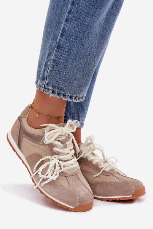 Skórzane Zamszowe Sneakersy Damskie Big Star TT274677 Beżowe