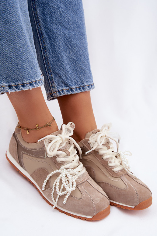 Skórzane Zamszowe Sneakersy Damskie Big Star TT274677 Beżowe